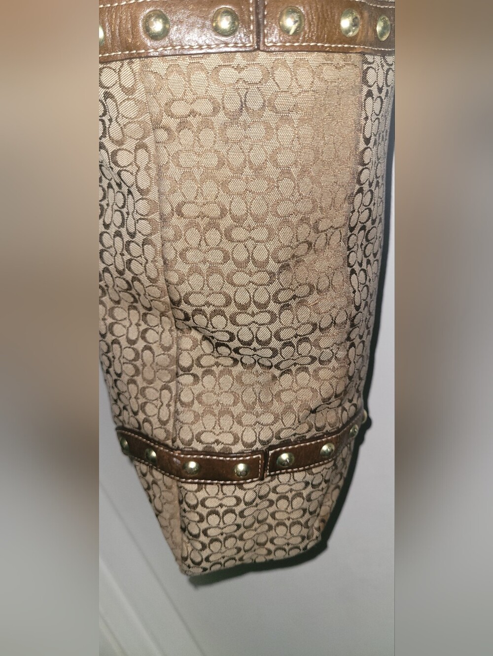 Coach Soho Khaki Signature C Studded Leather Lg Gallery Tote Bag Purse Rare - Picture 13 of 16